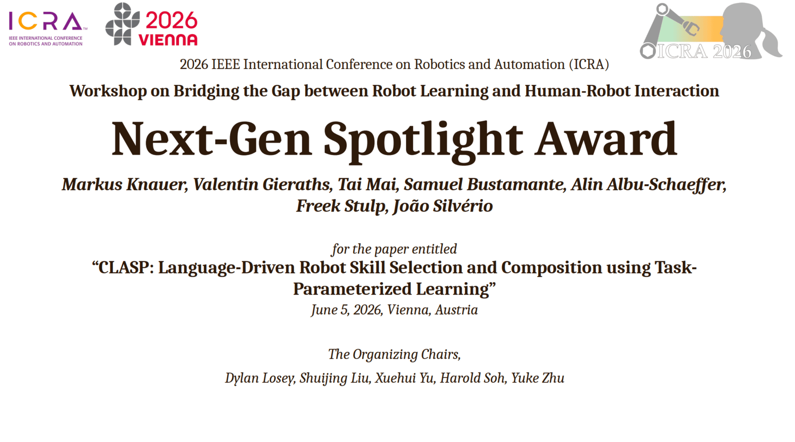 Next-Gen Spotlight Award at ICRA 2026 for CLASP