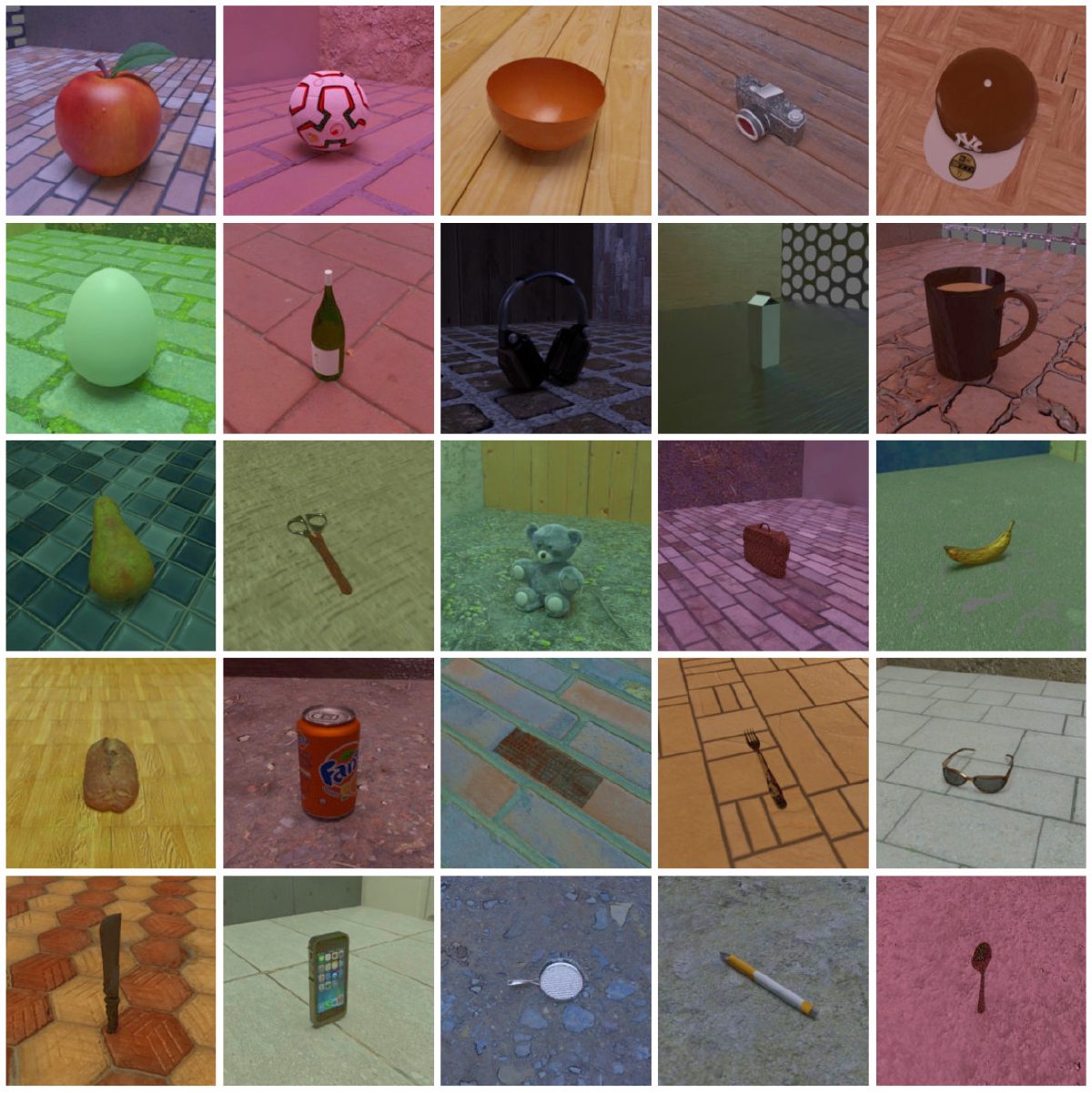 Overview of the HOWS-CL-25 dataset showing examples from 25 household object categories